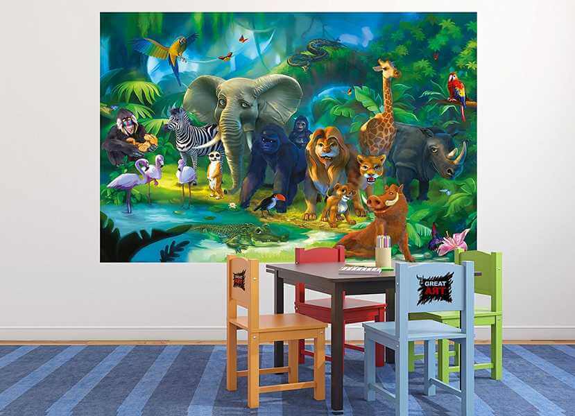 Fototapete Kinderzimmer Baby Dschungel Safari Löwe Elefant Affe Giraffe Tapete 